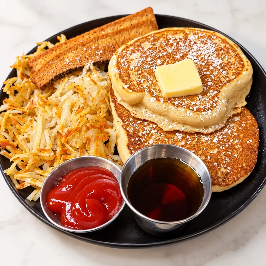 Vegan pancakes with hash browns, toast, syrup and ketchup