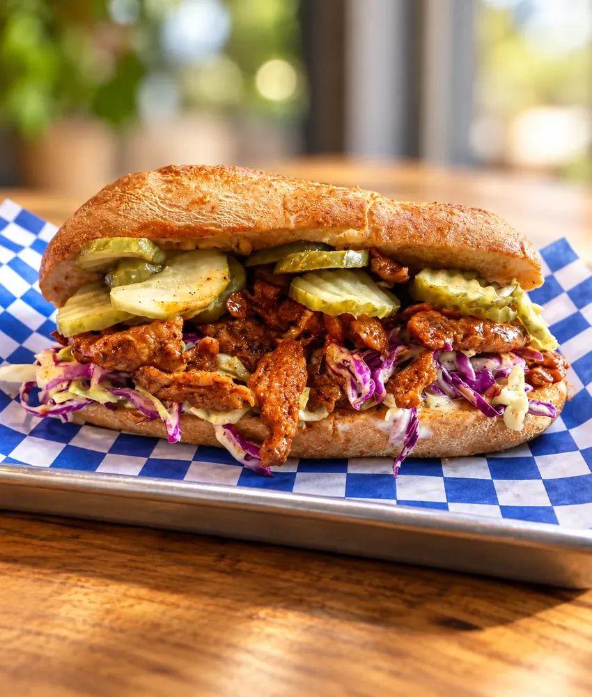 Vegan sandwich with pickles, slaw and sauce at Vital Creations Vegan Bistro